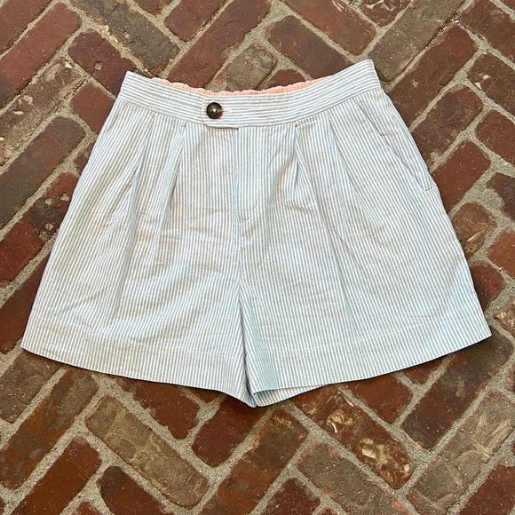 By Anthropologie Blue and White Striped Linen Blend High Rise Trouser Shorts - Picture 1 of 4